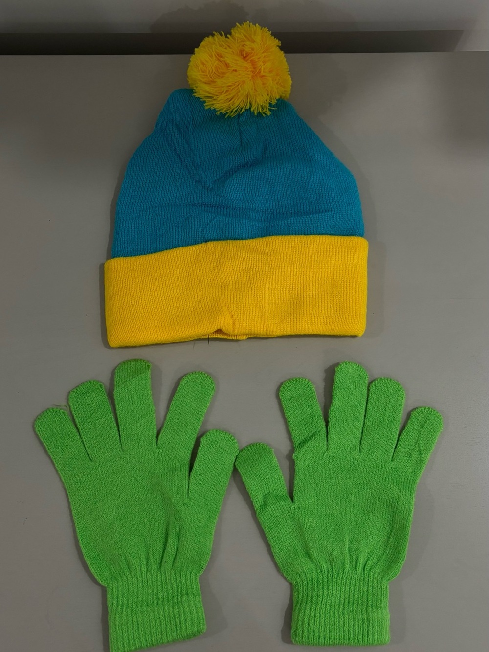 Kids Blue & Yellow Pom Beanie with Bright Green Gloves